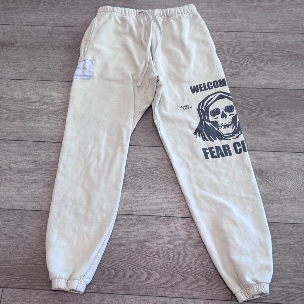Mr. Saturday Sweatpants Mens Small Cream Welcome To Fear‎ City Graphic Joggers